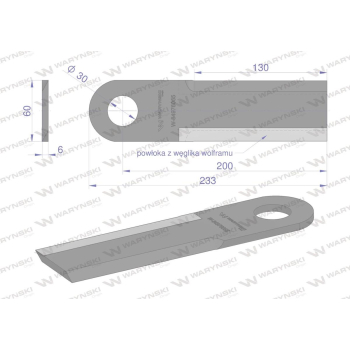 Nóż przystawki do kukurydzy napawany 233x60x6 otwór 30mm zastosowanie New Holland 84496574 47731406 WARYŃSKI-39555