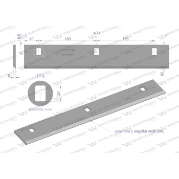 Nóż walca zrywacza napawany 400x63x6 otwory 3x20mm zastosowanie Capello WARYŃSKI-39560
