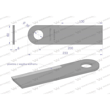 Nóż przystawki do kukurydzy napawany 233x60x6 otwór 30mm zastosowanie New Holland Laverda WARYŃSKI-39577