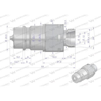 Szybkozłącze hydrauliczne wtyczka M18x1.5 gwint zewnętrzny EURO (9100818W) (ISO 7241-A) Waryński  (opakowanie 10szt)