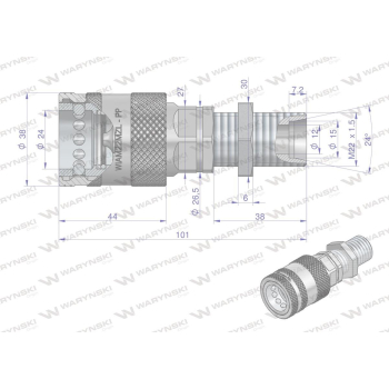 Szybkozłącze hydrauliczne gniazdo long M22x1.5 gwint zewnętrzny EURO PUSH-PULL (9100822GL) (ISO 7241-A) Waryński  (o