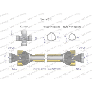 Wał przegubowo-teleskopowy 1210-1900mm 1240Nm Z6 - 1 3/4 z dwóch stron CE 2020 seria 8R Waryński-50022