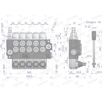 Rozdzielacz hydrauliczny 5-sekcyjny 40L (5-sekcji z zatrzaskiem) VOIMA-50115