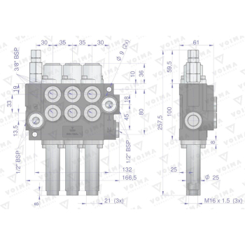 Rozdzielacz hydrauliczny 3-sekcyjny 40L sterowany na linkę  VOIMA-50136