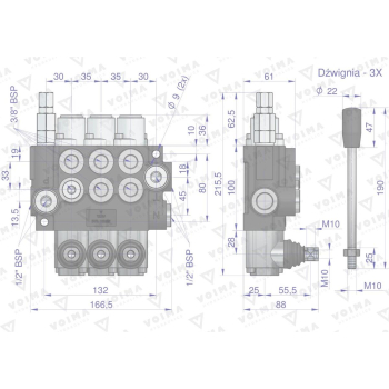 Rozdzielacz hydrauliczny 3-sekcyjny 40L (1-sekcja nurnikowa) VOIMA-50137