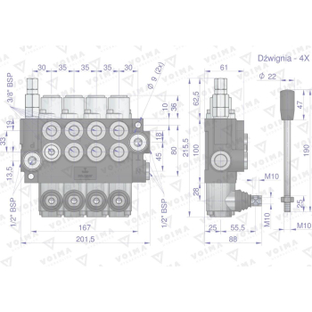 Rozdzielacz hydrauliczny 4-sekcyjny 40L (1-sekcja nurnikowa) VOIMA-50143