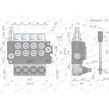 Rozdzielacz hydrauliczny 4-sekcyjny 40L (4-sekcje z zatrzaskiem) VOIMA-50146