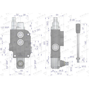 Rozdzielacz hydrauliczny 1-sekcyjny 80L z zatrzaskiem VOIMA-50150
