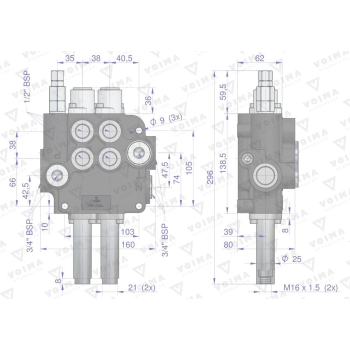 Rozdzielacz hydrauliczny 2-sekcyjny 80L sterowany joystickiem na linkę VOIMA-50154