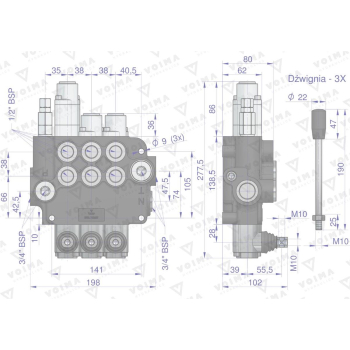 Rozdzielacz hydrauliczny 3-sekcyjny 80L (1-sekcja pływająca) VOIMA-50157