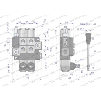 Rozdzielacz hydrauliczny 2-sekcyjny max przepływ 40L z zatrzaskami Waryński-50166