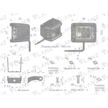 Lampa robocza kwadratowa szerokokątna 48W 12LED GLANZ-50296