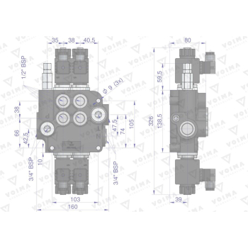 Rozdzielacz hydrauliczny 2-sekcyjny sterowany elektrycznie 12V 80L VOIMA-60681