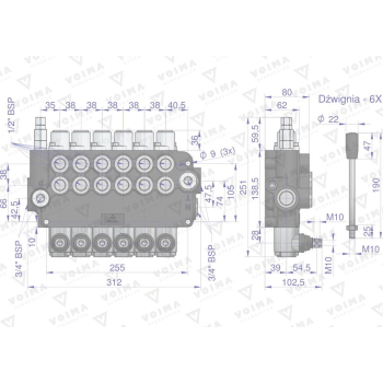 Rozdzielacz hydrauliczny 6-sekcyjny 80L VOIMA-60700