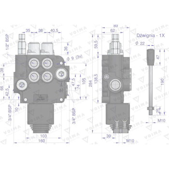 Rozdzielacz hydrauliczny 2-sekcyjny 80L z joystickiem  VOIMA-61030