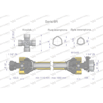 Wał przegubowo-teleskopowy 1110-1660mm 830Nm sprzęgło z kołkiem 2200Nm Z6 - 1 3/4 CE 2020 seria 6R WARYŃSKI-61590