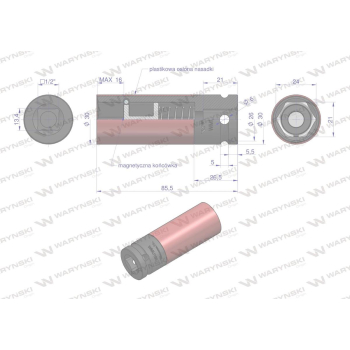 Nasadka udarowa 1/2 ze stali CrMo 21mm z magnesem i osłoną do felg aluminiowych Waryński-61843