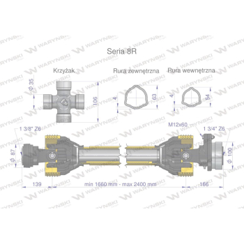 Wał, przegubowo-teleskopowy 1660-2400mm 1240Nm sprzęgło z kołkiem 3000Nm Z6 - 1 3/4 CE 2020 seria 8R, Waryński-6191