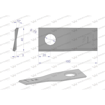 Nóż. nożyk kosiarka prawy 100X40X3mm otwór 19 zastosowanie RS 100/3 Sipma WARYŃSKI-62818