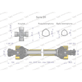 Wał przegubowo-teleskopowy 1010-1580mm 270Nm widłak Z21 skręcany na śrubę 40270 CE 2020 seria 2R WARYŃSKI-62831