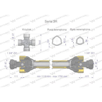 Wał przegubowo-teleskopowy 1110-1750mm 460Nm Z21 z dwóch stron CE 2020 seria 3R WARYŃSKI-62841