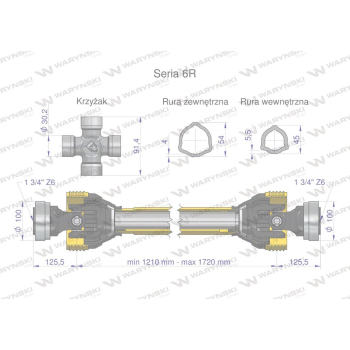Wał przegubowo-teleskopowy 1210-1720mm 830Nm Z6 - 1 3/4 z dwóch stron CE 2020 seria 6R Waryński-62865