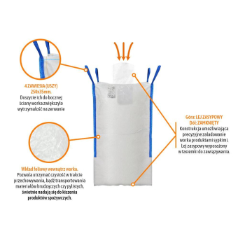 Worek BIG BAG 1000kg. z wkładem foliowym. 95 x 95 x 165. 4 uchwyty. Lej zasypowy / Dół zamknięty. Tasiemka /TEGER-62
