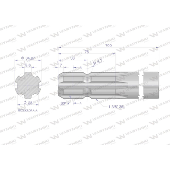 Wałek, WOM frezowany jednostronnie 700mm Z6 - 1 3/8, Waryński-62944