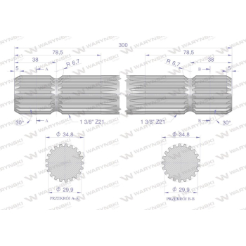 Wałek, WOM frezowany dwustronnie 300mm Z21 - 1 3/8, Waryński-62946