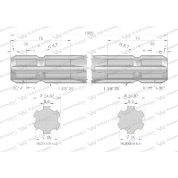 Wałek, WOM frezowany dwustronnie 1000mm Z6 - 1 3/8, Waryński-62959
