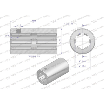 Tuleja, WOM łącząca frezowana 100mm Z6 - 1 3/8, Waryński-62972