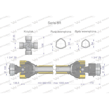 Wał, przegubowo-teleskopowy 660-1000mm 1240Nm Z6 - 1 3/4 z drugiej strony sprzęgło jednokierunkowe Z6 - 1 3/4 CE 2020