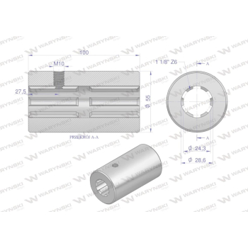 Tuleja, WOM łącząca frezowana 100mm Z6 - 1 1/8, Waryński-63006
