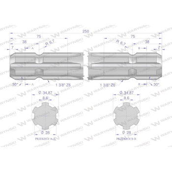 Wałek, WOM frezowany dwustronnie 250mm Z6 - 1 3/8, Waryński-63012