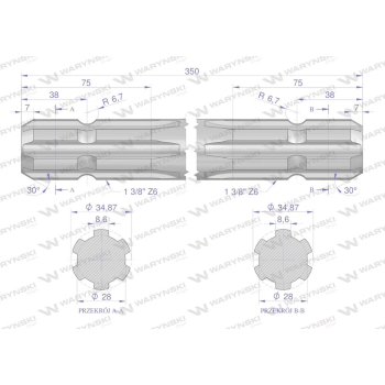 Wałek, WOM frezowany dwustronnie 350mm Z6 - 1 3/8, Waryński-63021