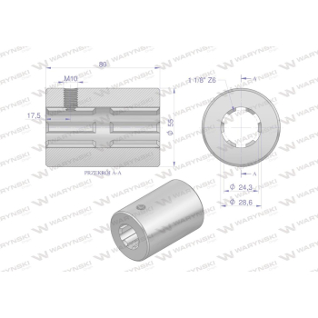 Tuleja, WOM łącząca frezowana 80mm Z6 - 1 1/8, Waryński-63023