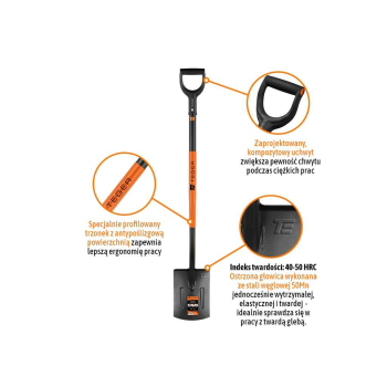 Szpadel prosty na metalowym trzonku, (dł. 1250 mm), Teger-63037