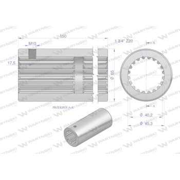 Tuleja, WOM łącząca frezowana 150mm Z20 - 1 3/4, Waryński-63052