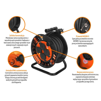 Przedłużacz bębnowy, warsztatowy PROFESSIONAL, 3X2,5mm, IP44, H05RR-F, cert. CE / 30M, Teger-63283