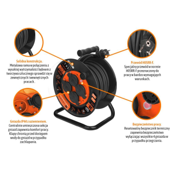 Przedłużacz bębnowy, warsztatowy PROFESSIONAL, 3X1,5mm, IP44, H05RR-F, cert. CE / 30M, Teger-63291