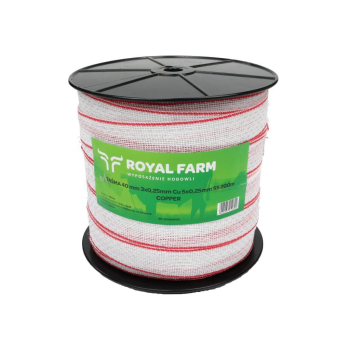 Taśma, do elektryzatora 40mm, 3x0,25mm Cu, 5x0,25mm SS biało-czerwona 200m, Royal Farm