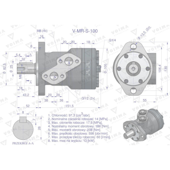 Silnik hydrauliczny orbitalny  V-MR-S 100 cm3/obr (175 bar / max.200 bar) VOIMA-65104
