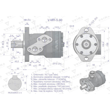 Silnik hydrauliczny orbitalny  V-MR-S 80 cm3/obr (175 bar / max.200 bar) VOIMA-65110