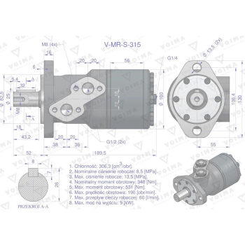 Silnik hydrauliczny orbitalny  V-MR-S 315 cm3/obr (135 bar / max.175 bar) VOIMA-65127