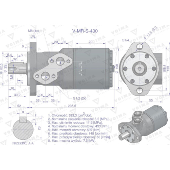 Silnik hydrauliczny orbitalny  V-MR-S 400 cm3/obr (115 bar / max.150 bar) VOIMA-65142