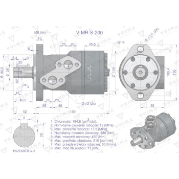 Silnik hydrauliczny orbitalny (stosowany do owijarek)  V-MR-S 200 cm3/obr (175 bar / max.200 bar) VOIMA-65148