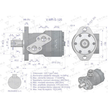 Silnik hydrauliczny orbitalny  V-MR-S 125 cm3/obr (175 bar / max.200 bar) VOIMA-65154