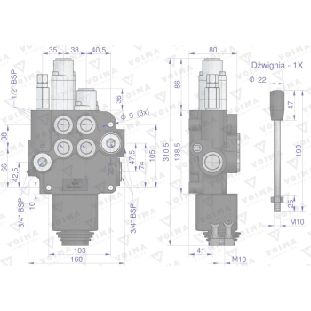 Rozdzielacz hydrauliczny 2-sekcyjny 80L (1-sekcja pływająca) z joystickiem  VOIMA-65307