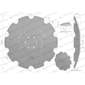 Talerz, uzębiony Z-10 fi 560 mocowanie 6/120 grubość 4,5 mm stal borowa prosta piasta, Tolmet, Waryński-65538