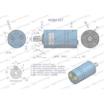 Silnik hydrauliczny orbitalny WMM 20 cm3/obr (100 bar / max.140 bar) przyłącza tylne Waryński-75721